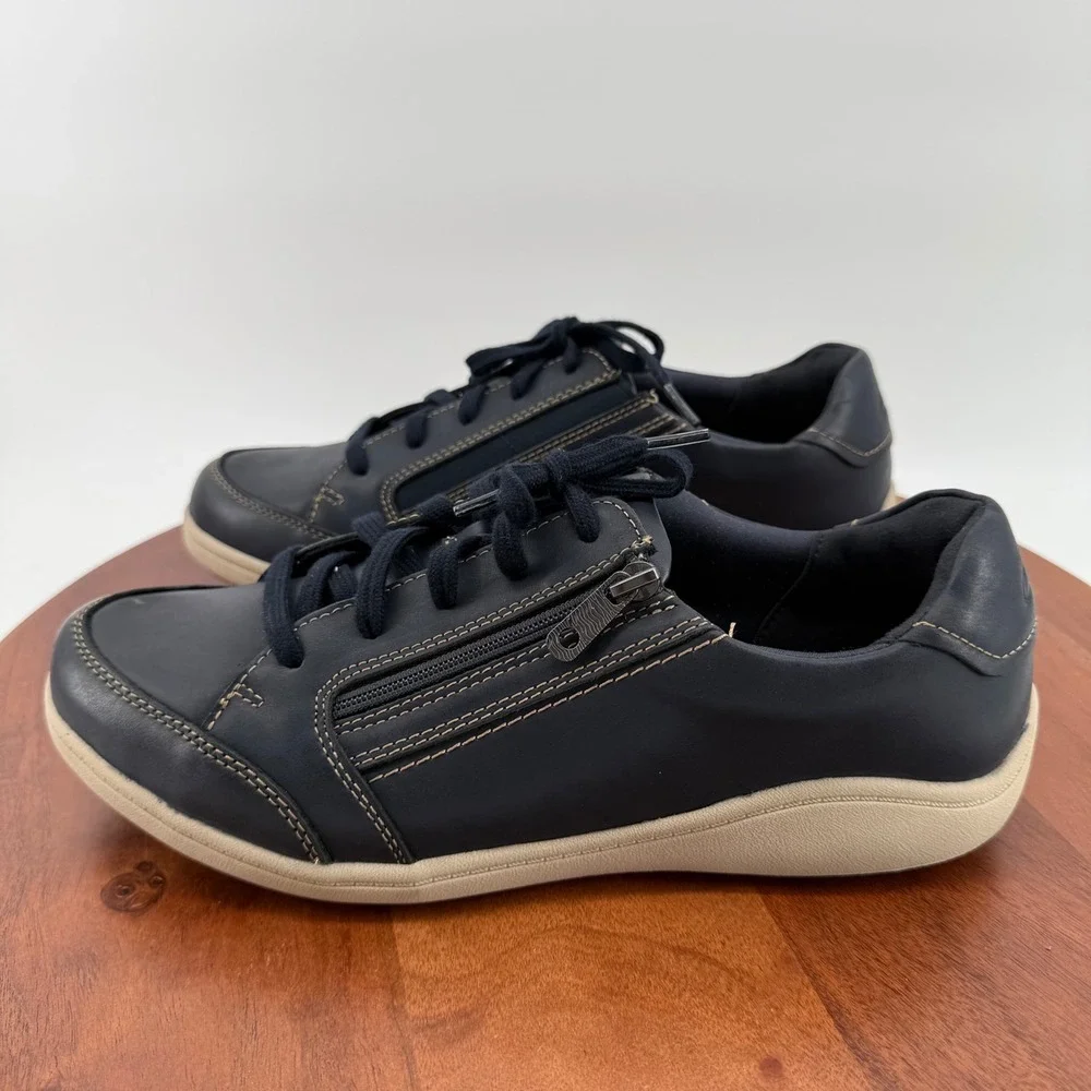Clarks Collection Bryianne Bayla Navy Zip‎ Lace-Up Leather Sneakers Women's 11W